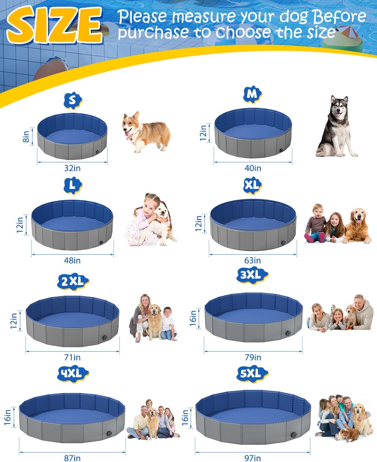 YSJILIDE Portable Dog Pool PVC Pet Swimming Pool Bathtub Collapsible Dog Pool, Hard Plastic Pool for Pets to Swim and Bath (M-39"x 12" Dark Grey)