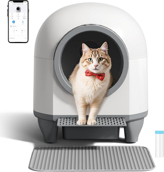 WARCAT Self Cleaning Litter Box Automatic, 90 L Automatic Cat Litter Box for Multiple Cats APP-Controlled with Smart Sensors, Safety Protection,Mat,1 Roll Garbage Bag (Gray)