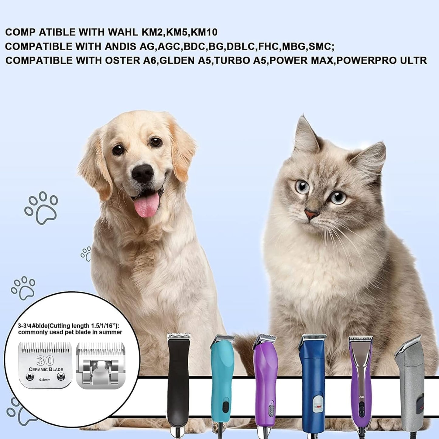 #30 Blade Dog Grooming Clipper Replacement Blades Compatible with Andis/Wahl/Oster Dog Clippers,Detachable Ceramic Blade & Stainless Steel Blade,Size-30, 1/50-Inch Cut Length (64260)