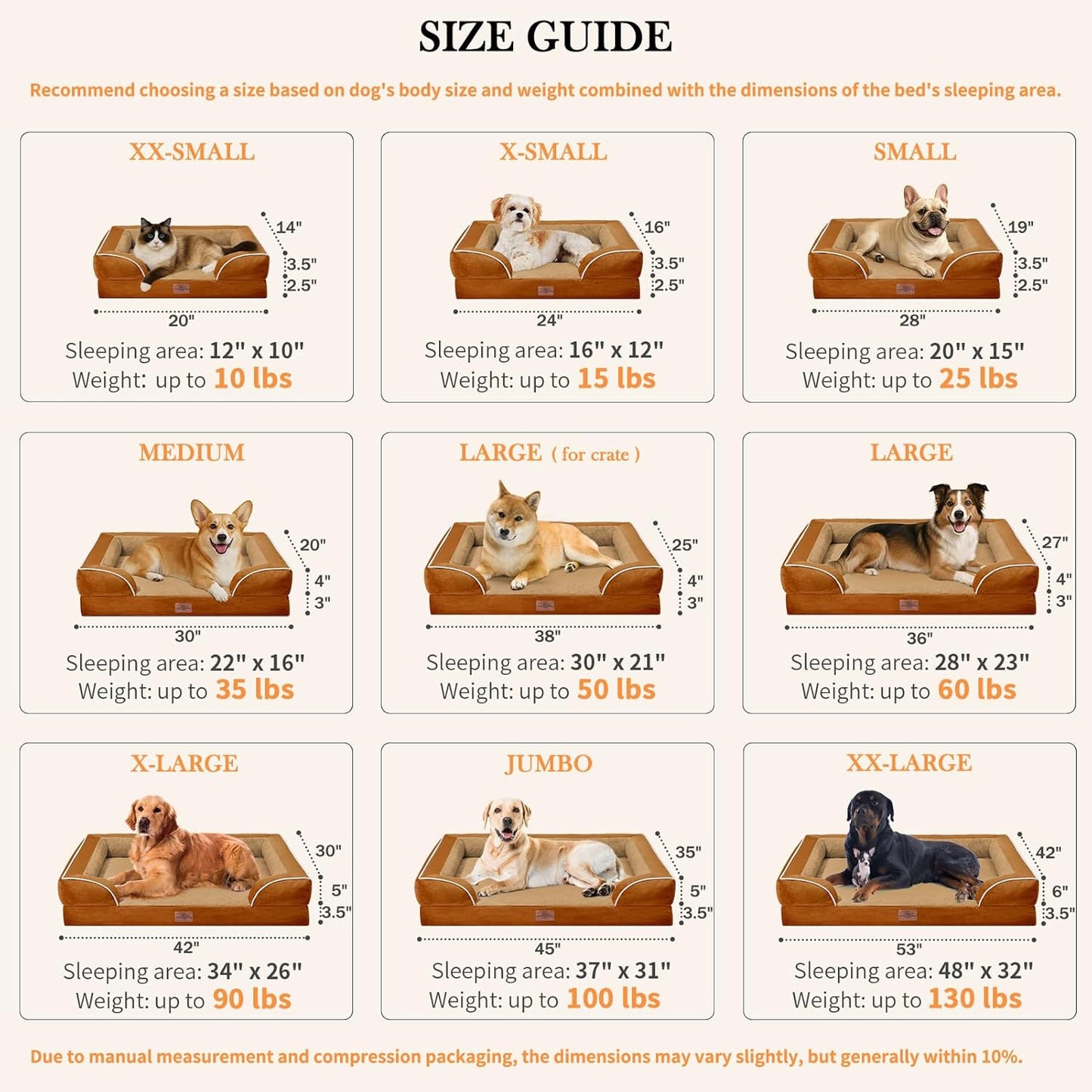 Comfort Expression Medium Dog Beds Waterproof Orthopedic Foam Dog Sofa Beds for Medium Large Dogs Comfy Pet Bed with Washable Removable Cover & Non-Slip Bottom(Medium,Caramel)