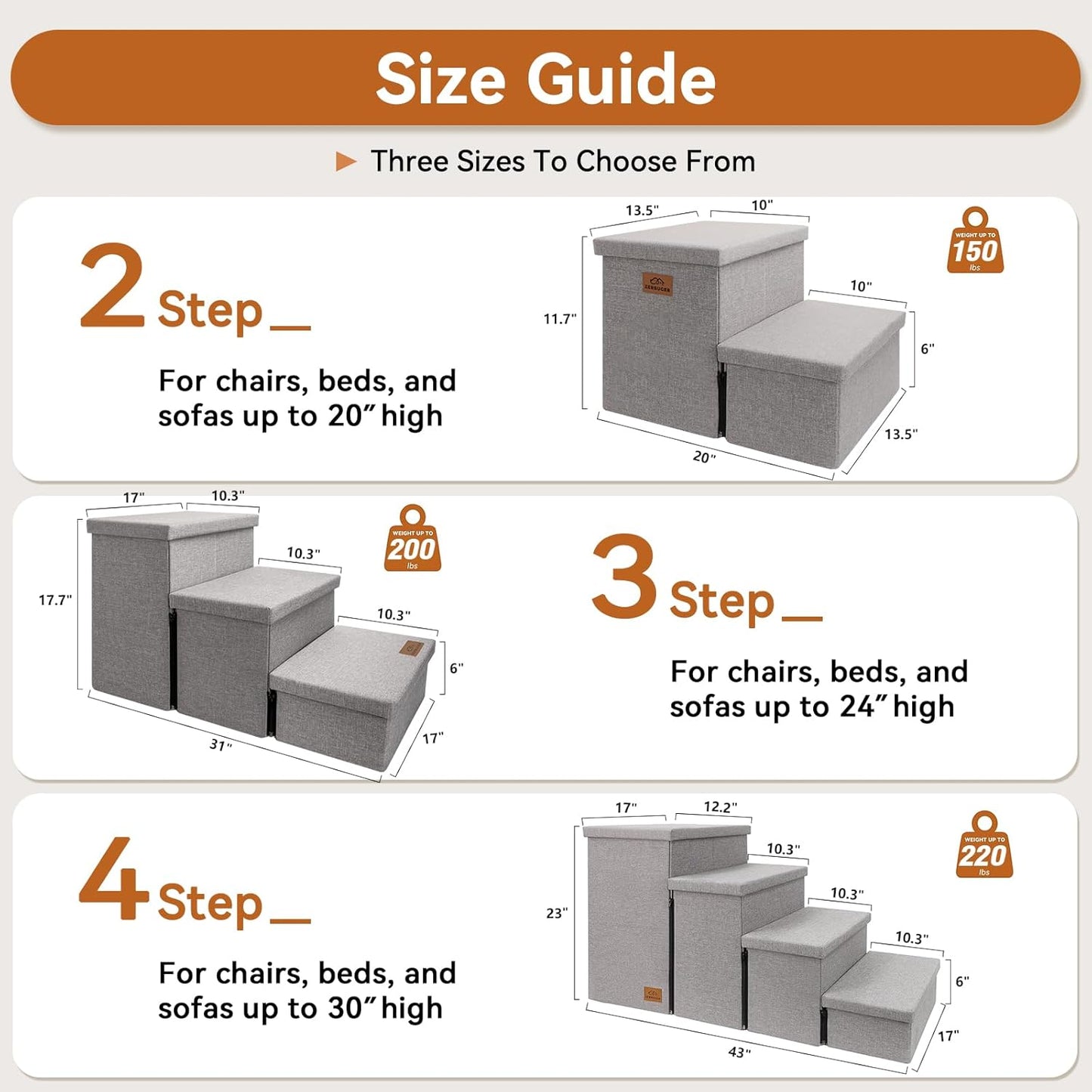 Dog Stairs with Storage 23" H, 4-Step Wider Dog Steps for High Beds Window, Folding Sturdy Pet Stairs Gift for Injured Old Dogs Cats, Ramp for Climbing Car Up to 200 lbs,(Gray, No Condo)