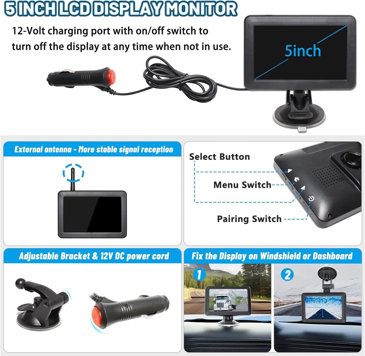 EWAY 2 Magnetic Wireless Backup Cameras HD1080P w/ 5" Split Screen Monitor Portable No Wiring Trailer Hitch IR Night Vision Rear View Camera for Truck Pickup RV Camper 5th Wheel Boat Horse Trailer