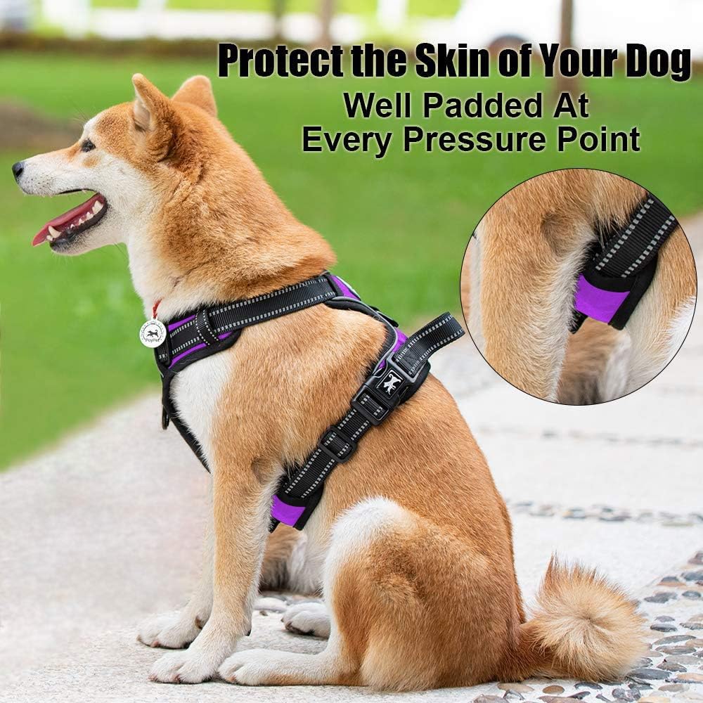 PoyPet No Pull Dog Harness, Reflective Comfortable Vest Harness with Front & Back 2 Leash Attachments and Easy Control Handle Adjustable Soft Padded Pet Vest for Small to Large Dogs (Purple,S)