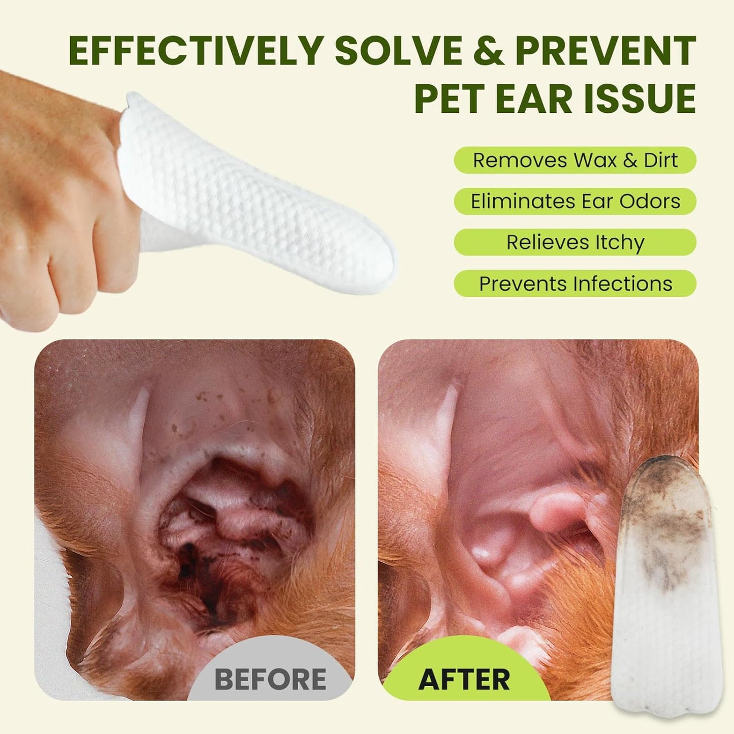 Dog Ear Finger Wipes for Dogs & Cats, Thicker Dog Ear Cat Ear Cleaner Wipes, Natural Relief Dog Ear Cleaning Wipes, Effectively Remove Ear Wax for Dog Kitten, Aloe Scent Deodorizing, 100 Count
