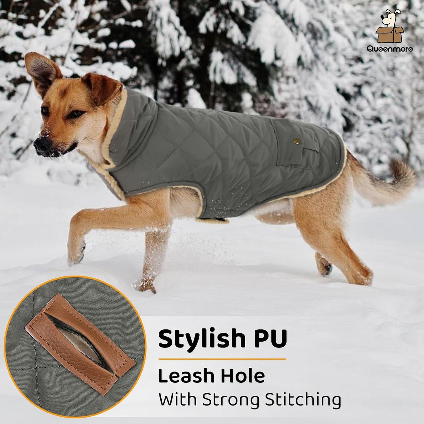 Queenmore Dog Winter Coat - Fleece Jacket, Waterproof Cold Weather Clothes, Thick Warm Cotton Padding, Easy On Storage Pockets (Grey, Large)
