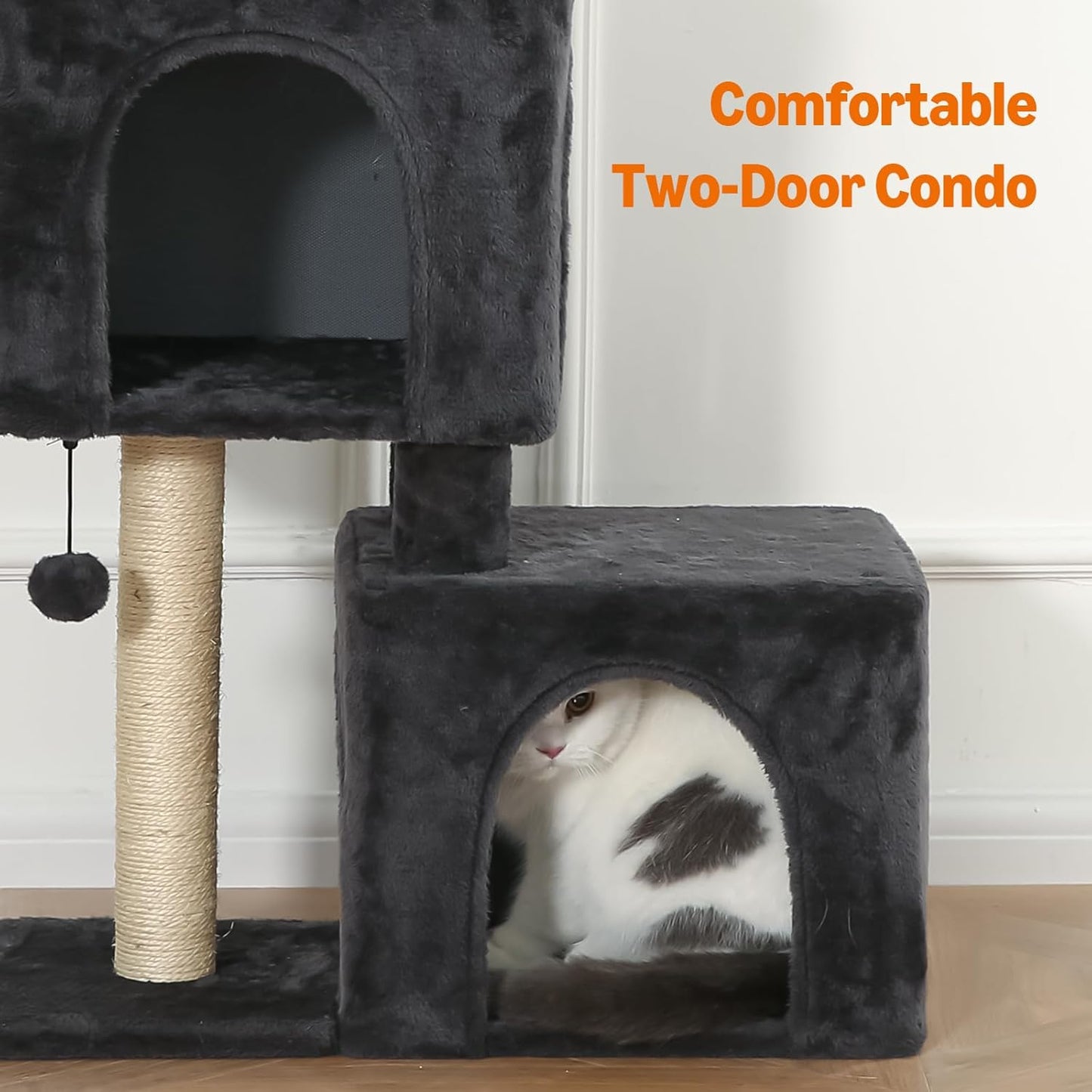 Amazon Basics 30 inch 2 Story Condo Cat Tree with Scratching Posts for Indoor Cats up to 16 lbs, Activity Center with Cozy Perch, Replaceable Hanging Pompom, Dark Gray