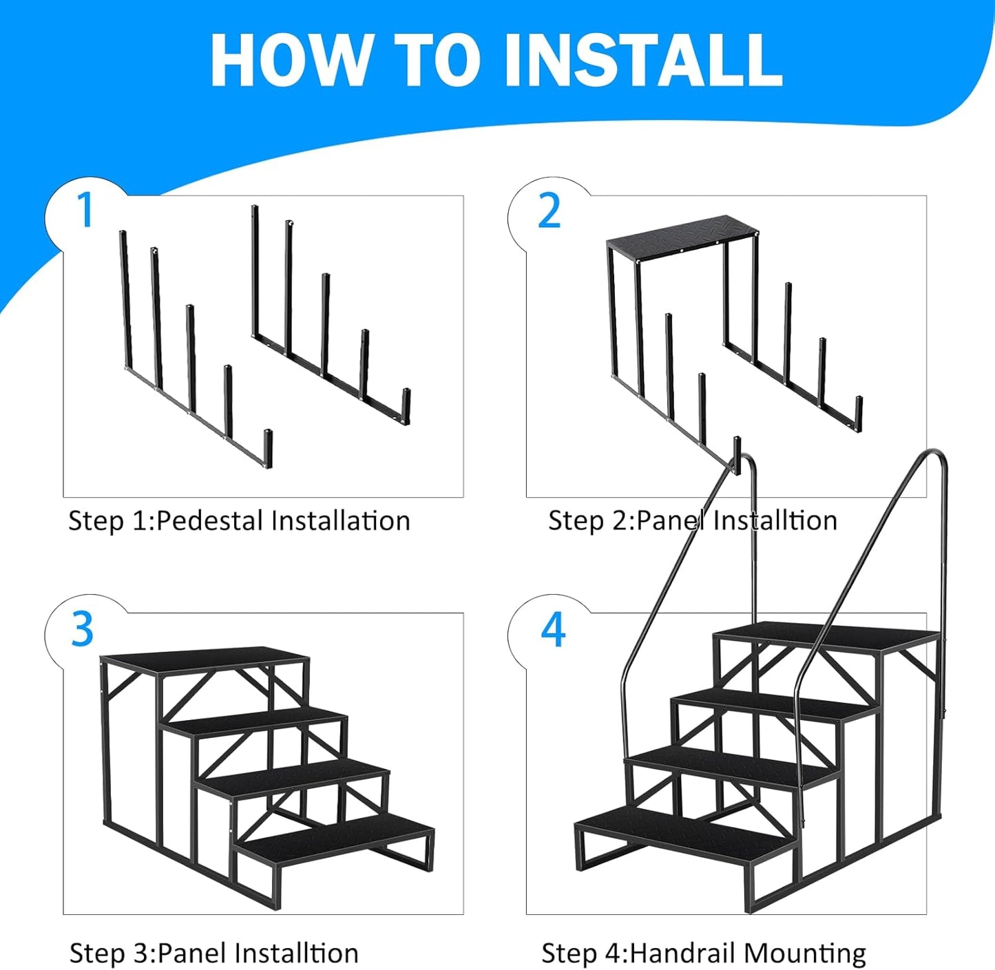 RV Step Stool, 4 Step Ladder, Hot Tub Steps with Handrail, Portable Pool Ladder, 660Lbs Heavy Duty Ladder Shelf Outdoor Mobile Home Stairs for Camper/Porch/SPA Pool/Pet Stairs(2 handrails)