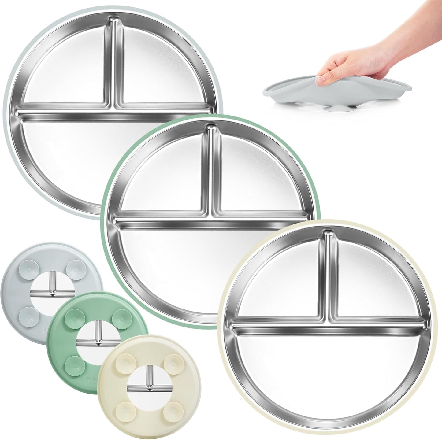 Bella’s Friends Stainless Steel Baby Plates with Suction 3 Pack, 9” Divided Toddler Plates with Removable Silicone Sleeves for Mess-Free Feeding, Non-Toxic, Non-Slip, Dishwasher Safe, Gray,White,Green
