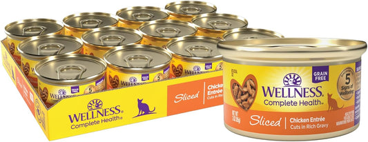 Wellness Complete Health Sliced Adult Wet Cat Food, Natural, Protein-Rich, Grain Free, 3 Ounce, 24 Pack, (Chicken Entrée)