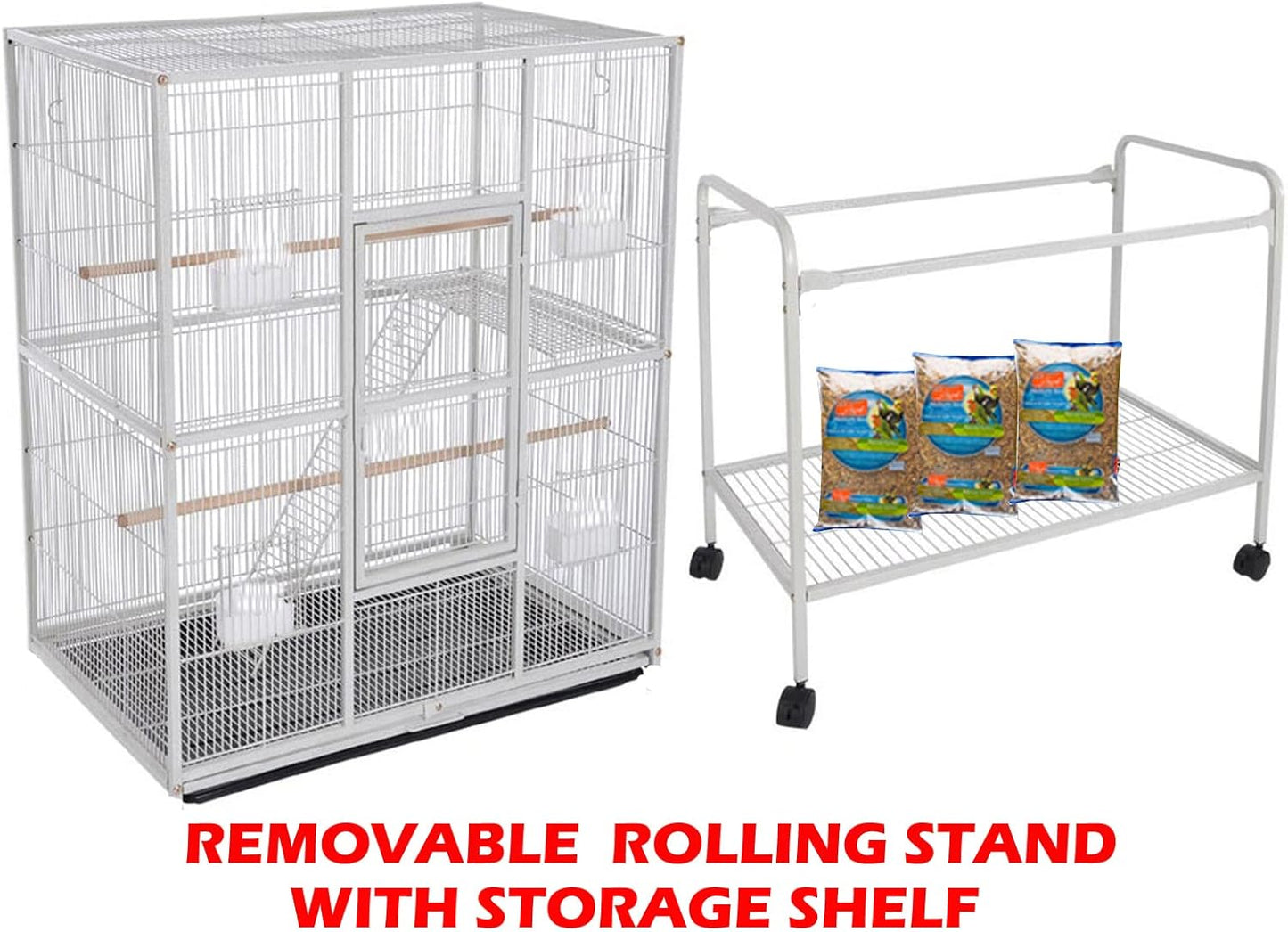 54" Extra Large Double Breeding Flight Bird Wrought Iron Double Parrot Bird Cage Slide Out Center Divider Side Nesting Doors Cockatiel Conure Removalbe Rolling Stand