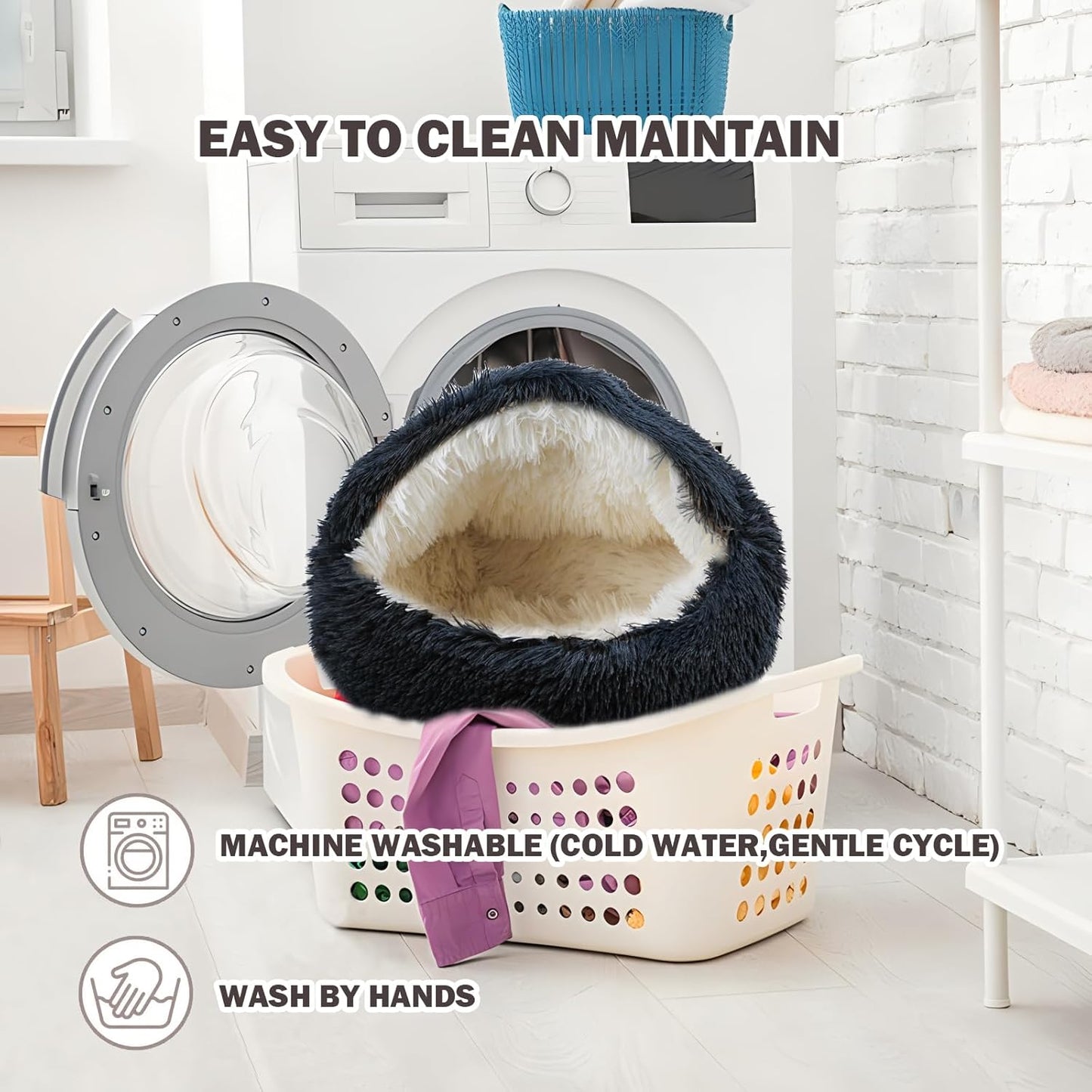 Cat Bed for Indoor Cats, Calming Cozy Cave with Self-Warming Plush, Entire Bed Machine Washable & Anti-Slip Base, Breathable Pet Bed for Small Cats&Dogs All Seasons (Dark Gray, 20 * 20inch)