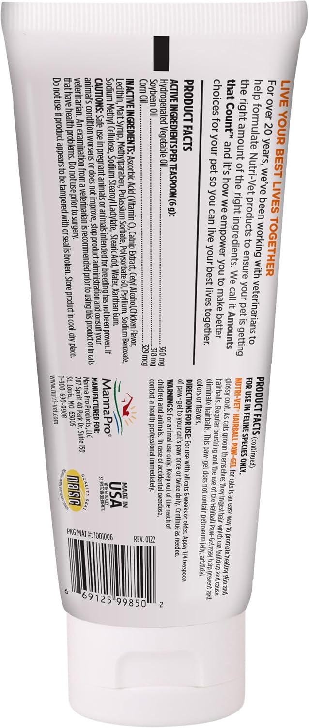 Nutri-Vet Hairball Paw Gel, Cat Hairball Remedy, Kitten Supplies, Hair Ball Relief for Cats, Fur Ball Remedy, Soybean & Coconut Oil, Chicken Flavor, 3 oz, Packaging May Vary