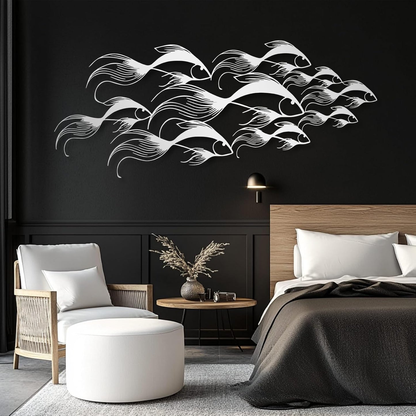School of Fish Metal Wall Art, Metal Fish Wall Decor, Sea Life Wall Art, Large Nautical Wall Hanging, Modern Beach House Wall Decor, Ocean Themed Artwork for Bathroom (Gold, 35"x15" | 90x38cm)