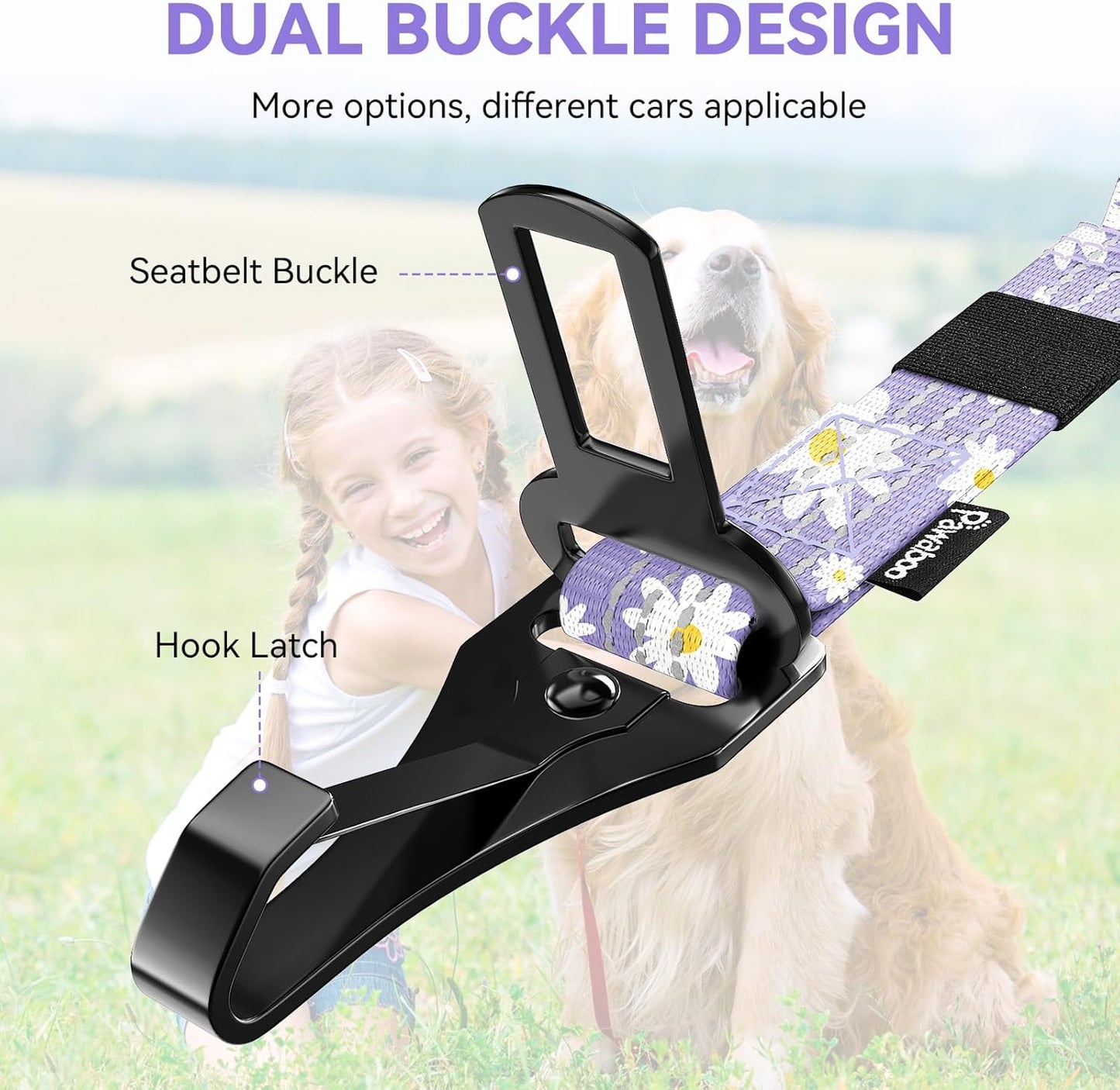 Pawaboo 2Pack Dog Seatbelt for Car, 3-in-1 Dog Car Seat Belt Bungee, Dogs Tether for Cars with Buckle & Hook Latch, Adjustable Reflective Dogs Cars Harness Leash with 360° Lockable Buckle,Light Purple