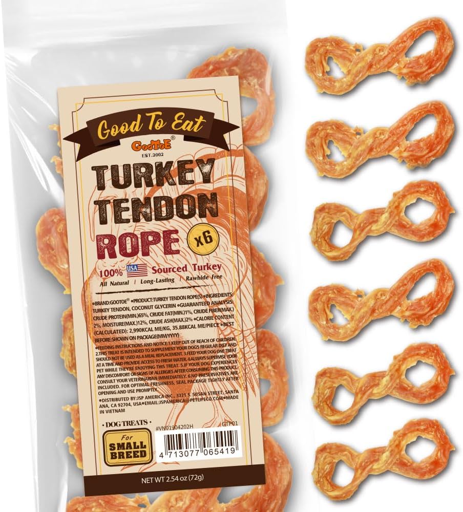 Gootoe Turkey Tendons for Dogs – All-Natural, Hypoallergenic Dog Treats, Rawhide Alternative, Long Lasting Puppy Chews, Healthy Dog Treats for Small Breeds, Rope (S), 6 Count Pack