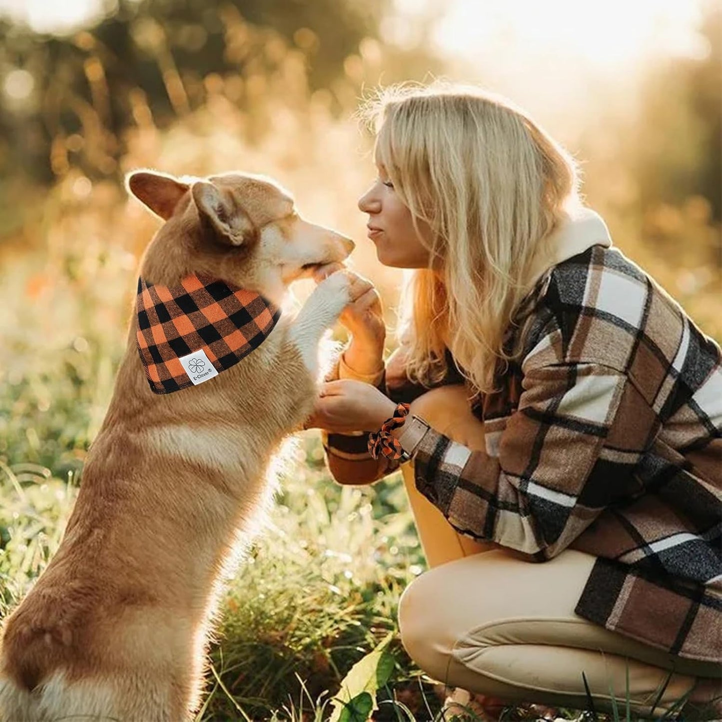 E-Clover Fall Dog Bandana & Matching Scrunchie-Orange Black Dog Bandanas Plaid Pet Scarf Bib for Small Dogs Puppy Girl Boy Owner Gift Orange