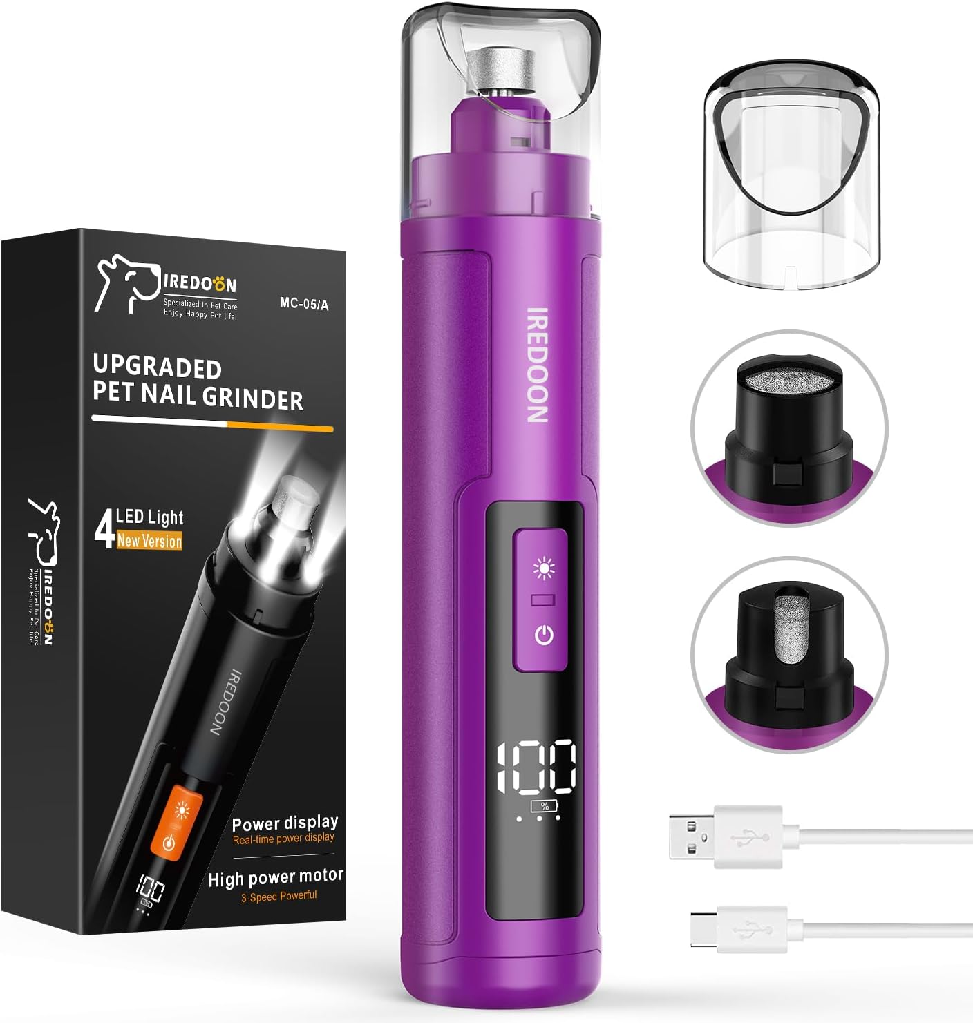 Dog Nail Grinder Upgraded - Professional 3-Speed Super Quiet and Low Vibration Electric Pet Nail Grinder with 4 LED Lights - Painless Paws Grooming & Smoothing for Small to Large Dogs (Purple)
