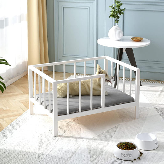 Dog Bed with Rails - Elevated Pet Metal Bed Frame with Solid Wood Board and Washable Soft Mat for Small Dog Indoor or Outdoor Use, 21.3" x 30 ", White