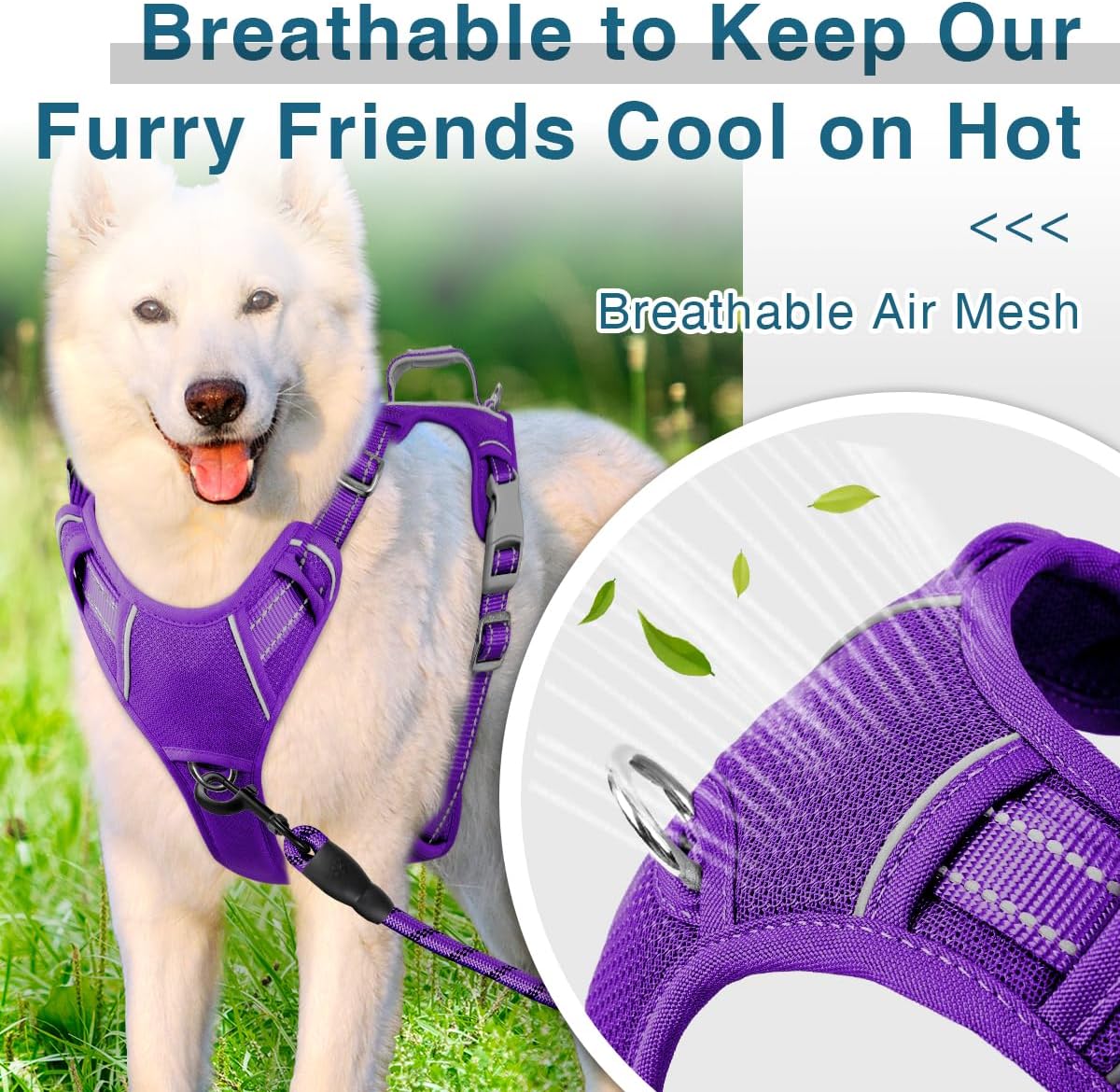 BARKBAY Dog Harness No Pull with ID Tag Pocket - Heavy Duty, Reflective, Easy Control for Large Dogs(Purple,XL)