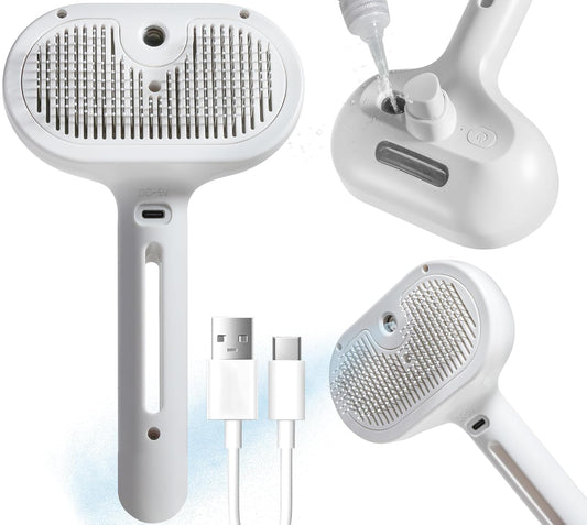 Spray Cat Pet Grooming Brush with Water Sprayer - Hair Removal Comb for Cats and Dogs, White Shedding and Bath Brush with Steam Release