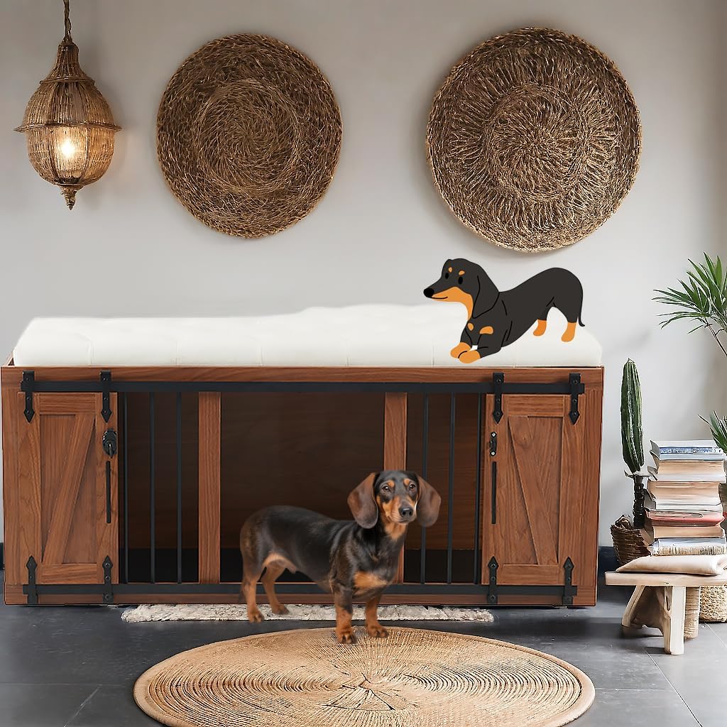 56" L Dog Crate Furniture with Padded Seat, End of Bed Bench Ottoman with Cushion, Wooden Dog Kennel with Pet Stairs & Sliding Barn Door for Bedroom, Living Room, Walnut
