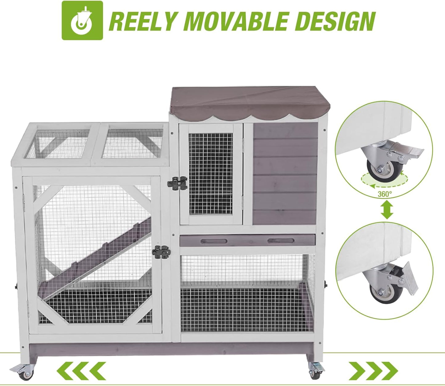 GUTINNEEN 2-Story Rabbit Hutch Indoor Bunny Cage Outdoor Guinea Pig House Wooden Small Animal Cage with Chew-Proof Ramp, Leak-Proof Tray, Lockable Wheels for 2-4 Rabbits, Guinea Pigs (Grey)