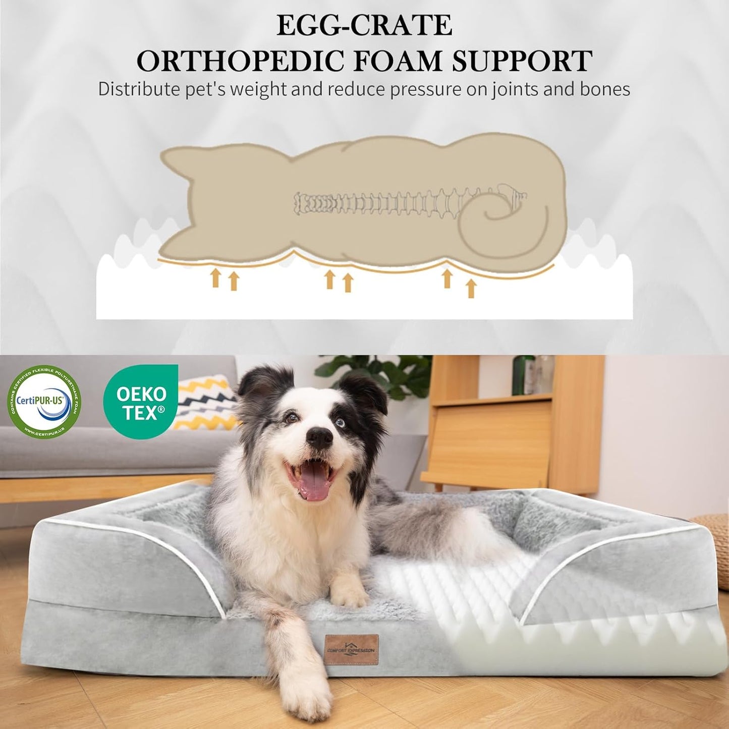 Comfort Expression XL Dog Beds Waterproof, Orthopedic Foam Dog Beds Large Sized, Bolster Dogs Beds Washable Pet Sofa with Removable Cover & Non-Slip Bottom(X-Large,Grey White)