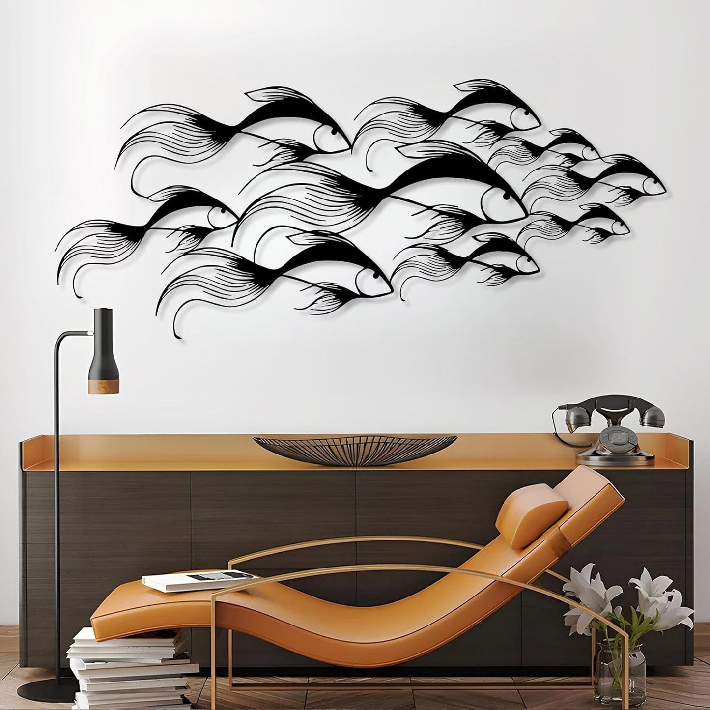 School of Fish Metal Wall Art, Metal Fish Wall Decor, Sea Life Wall Art, Large Nautical Wall Hanging, Modern Beach House Wall Decor, Ocean Themed Artwork for Bathroom (Gold, 48"x20" | 121x51cm)