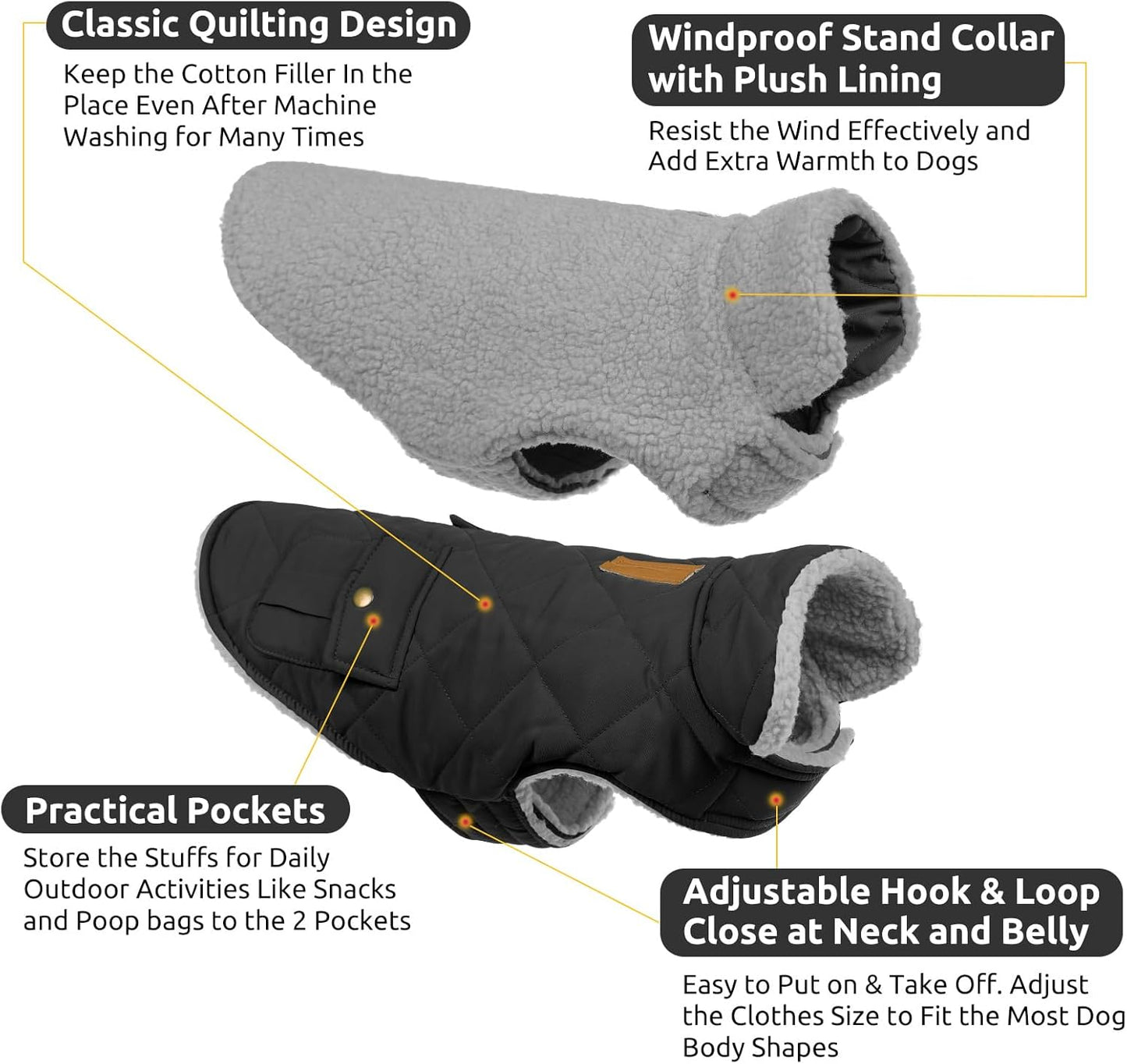 Queenmore Dog Winter Coat Warm Puffer Jacket Waterproof Plush Lining Thermal Cold Weather Vest for Small Medium Large Dogs, Windproof Easy On Pet Jacket Black S