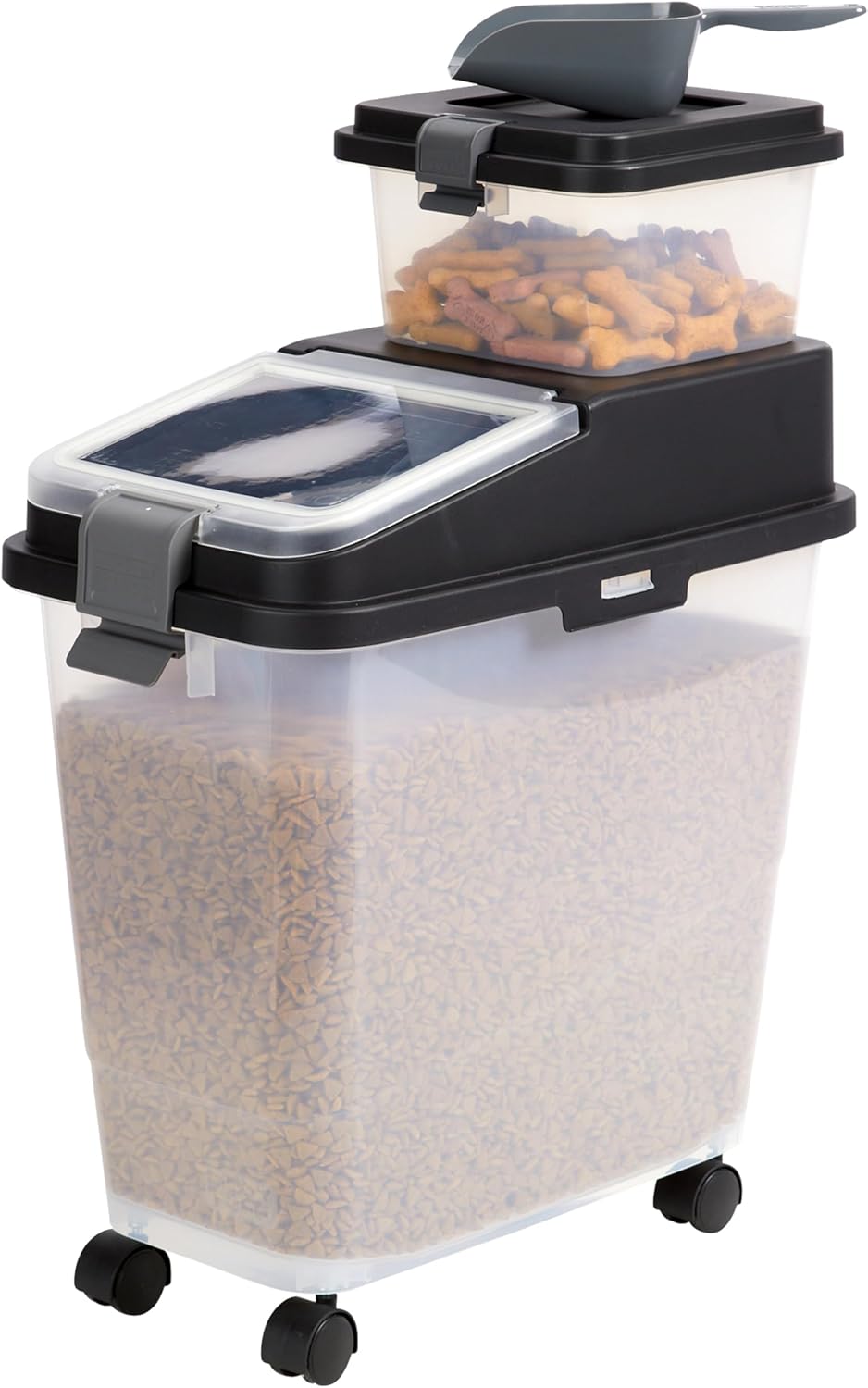 Mighty Tuff 3 Piece Airtight Dog Food Storage Container, Up to 36 lbs, with 5 lbs Dog Treat Container and Portion Scoop – BPA Free Airtight Pet Food Bin on Wheels