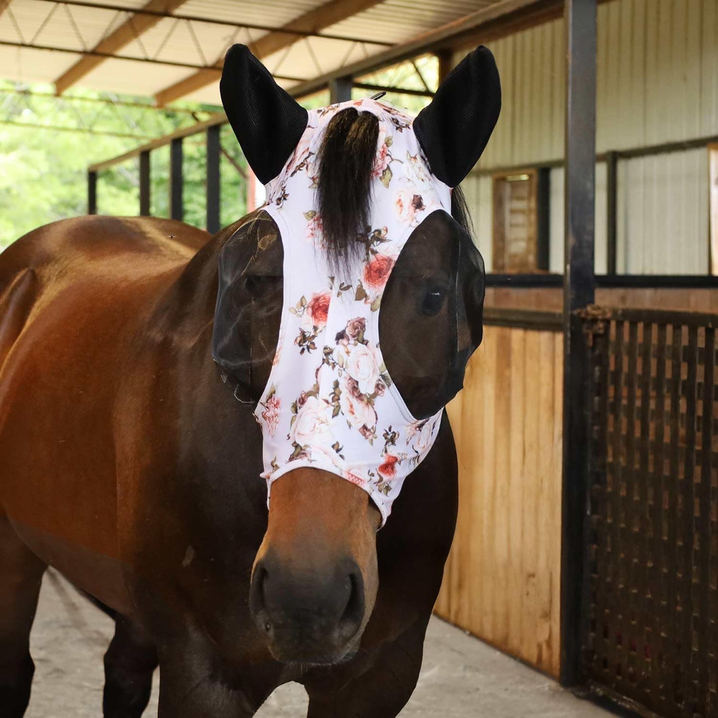 Jeffers Expression Lycra Horse Fly Mask – Oversize, Rose Garden – Lightweight Stretch Horse Mask with Mesh Eyes & Ears, Breathable Lycra Mask for Horses, Equine Summer Apparel & Gear