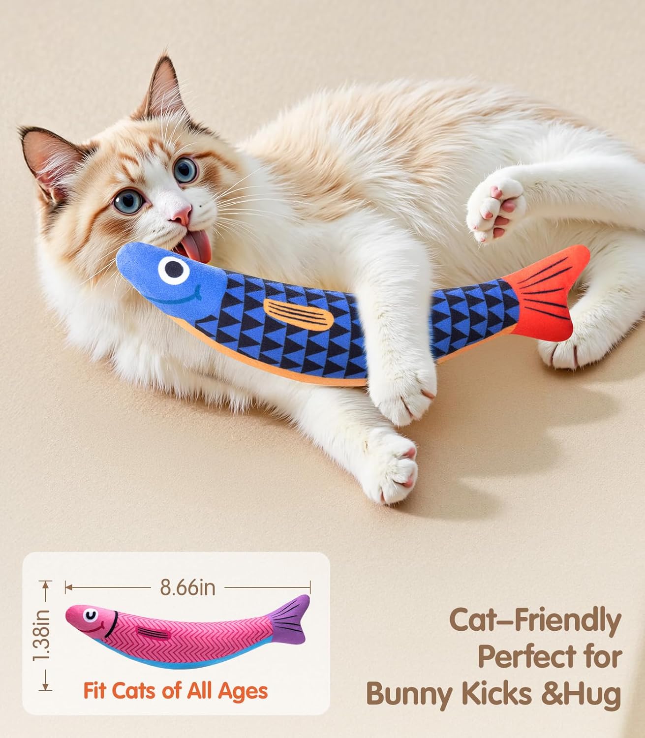 Cat Toys with[5000mg A+Natural Catnip &Silvervine] [Baby Grade] Interactive Soft Chew Kicker Cat Toys for Indoor Cats & Kittens, [Crinkle &Bell] Fish Sound Toy,Drives Bored Cat Crazy with Fun