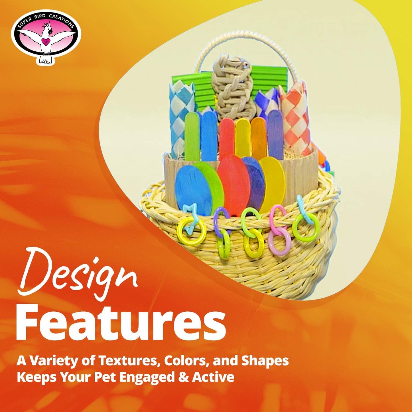 Super Bird Creations SB669 Wicker Foraging Basket Bird Toy for Parrots Cockatiels Ringnecks Medium Conures Quakers,Caiques Pionus - Crunchy Multi-Colored Textures - Medium Bird Size, 10” x 4” x 5”