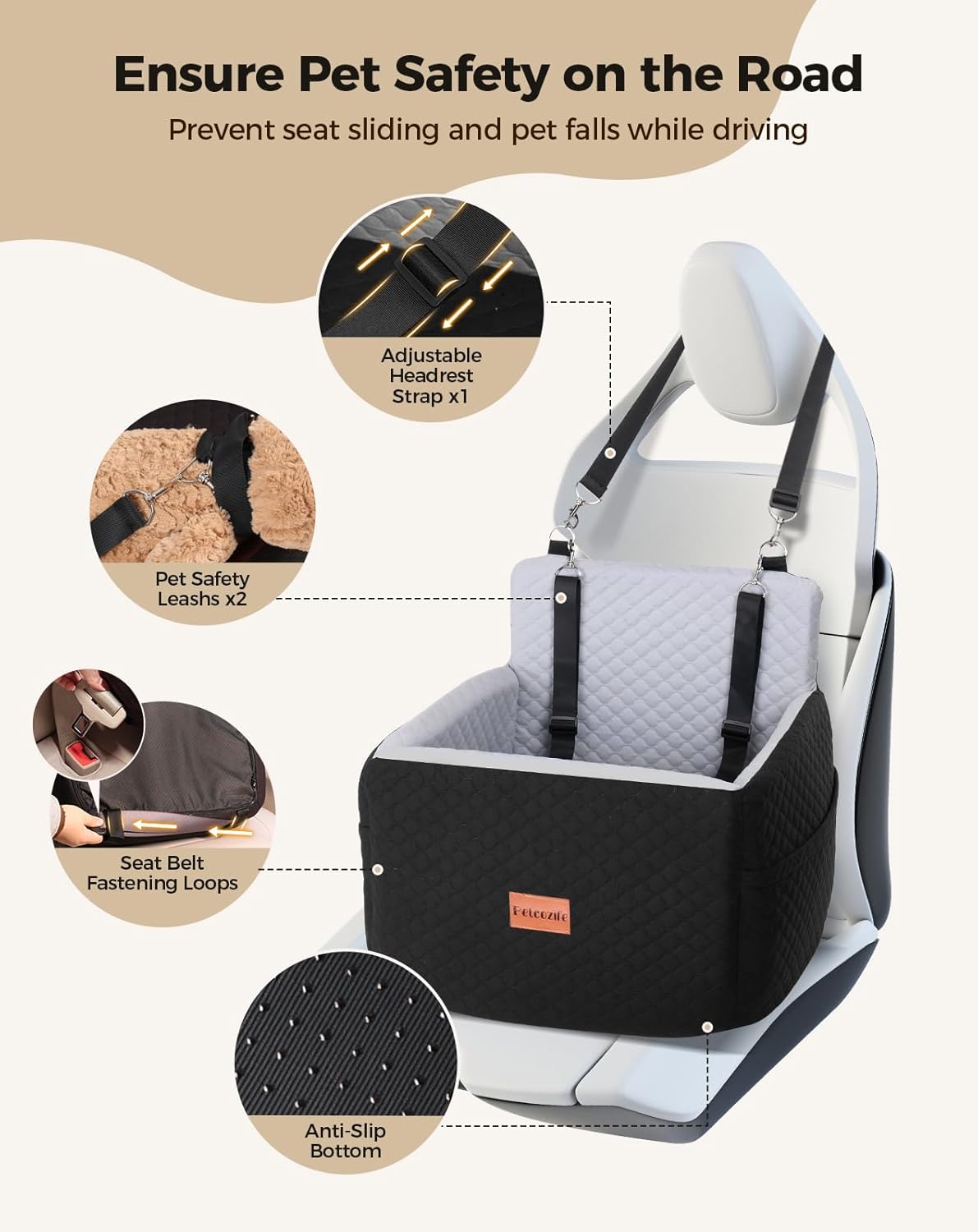 Dog Car Seat for Small & Medium Dogs Under 35lbs, Detachable & Washable Pet Car Seat, Interior Height 6 Inches Pet Travel Bed with Storage Pockets and 2 Dog Safety Belts (Black/Gray)