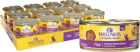 Wellness Complete Health Pate Adult Wet Cat Food, Natural, Protein-Rich, Grain Free, 5.5 Ounce, 24 Pack, (Turkey & Salmon)