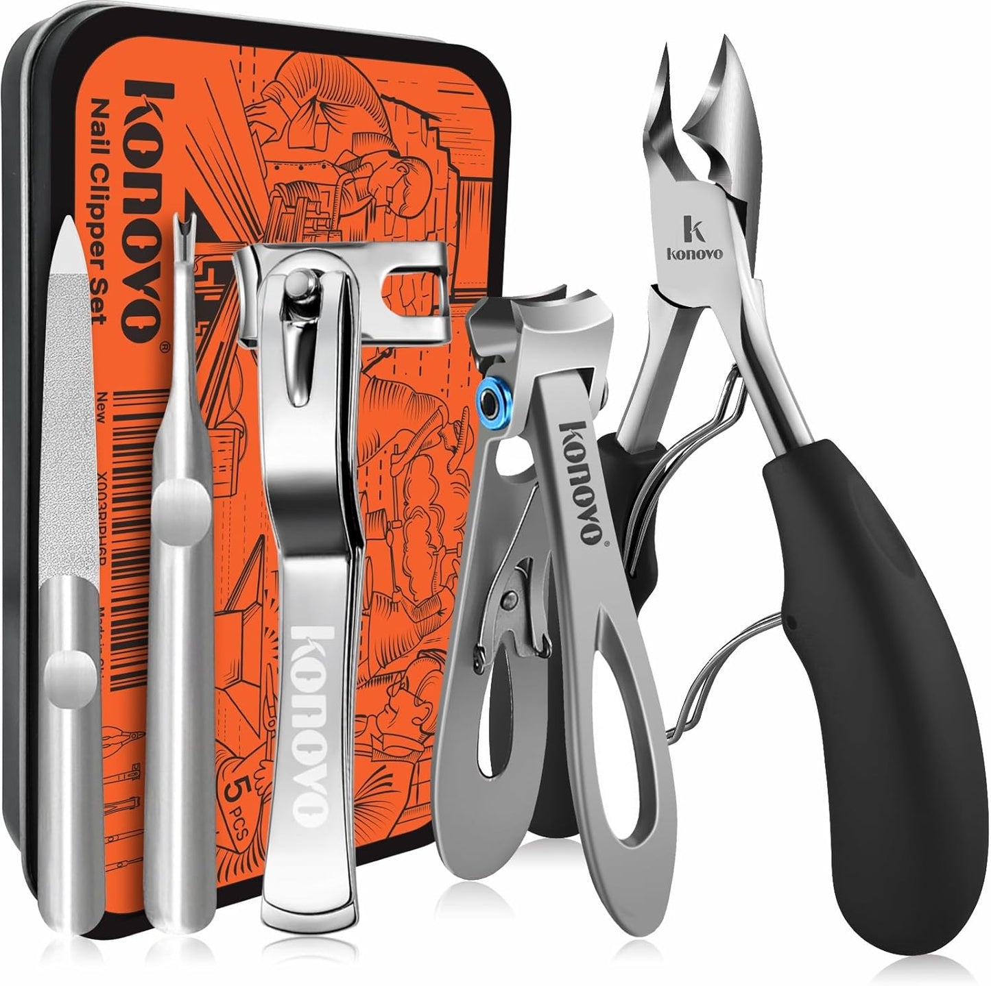 Konovo Toenail Clippers for Seniors Thick Toenails, Toe Nail Clippers Adult Thick Nails Long Handle 16mm Wide Jaw Opening Nail Clippers Heavy Duty Nail Clippers Kit 5Pcs