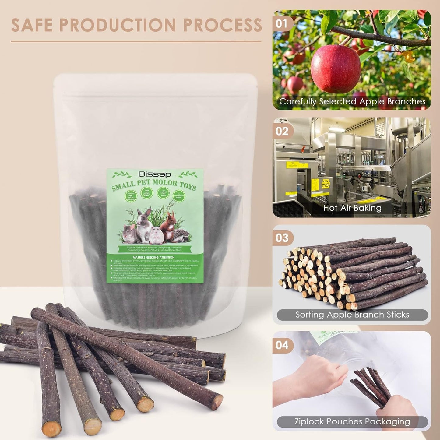 Bissap 230g/8.1oz Apple Sticks for Rabbits, Natural Bunny Chew Toys and Treats for Chinchilla Guinea Pig Hamster Gerbil Small Animals Pet Apple Wood Stick Toys Teeth Grinding