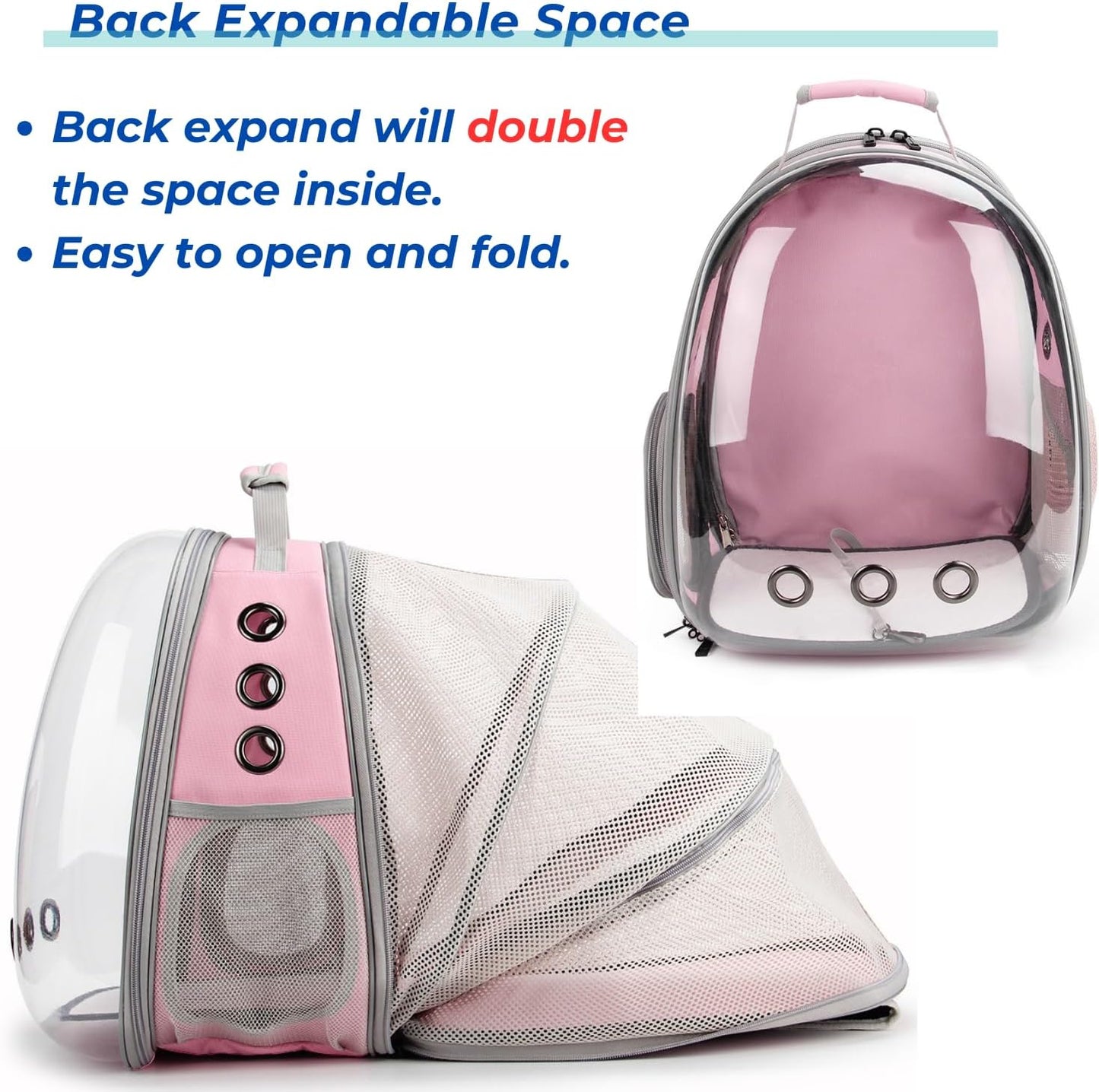 Lollimeow Cat Carrier Backpack, Bubble Expandable Backpack Carrier, Pets and Small Dogs,Airline-Approved, Designed for Travel, Hiking, Walking & Outdoor Use (Back Expandable-Pink)