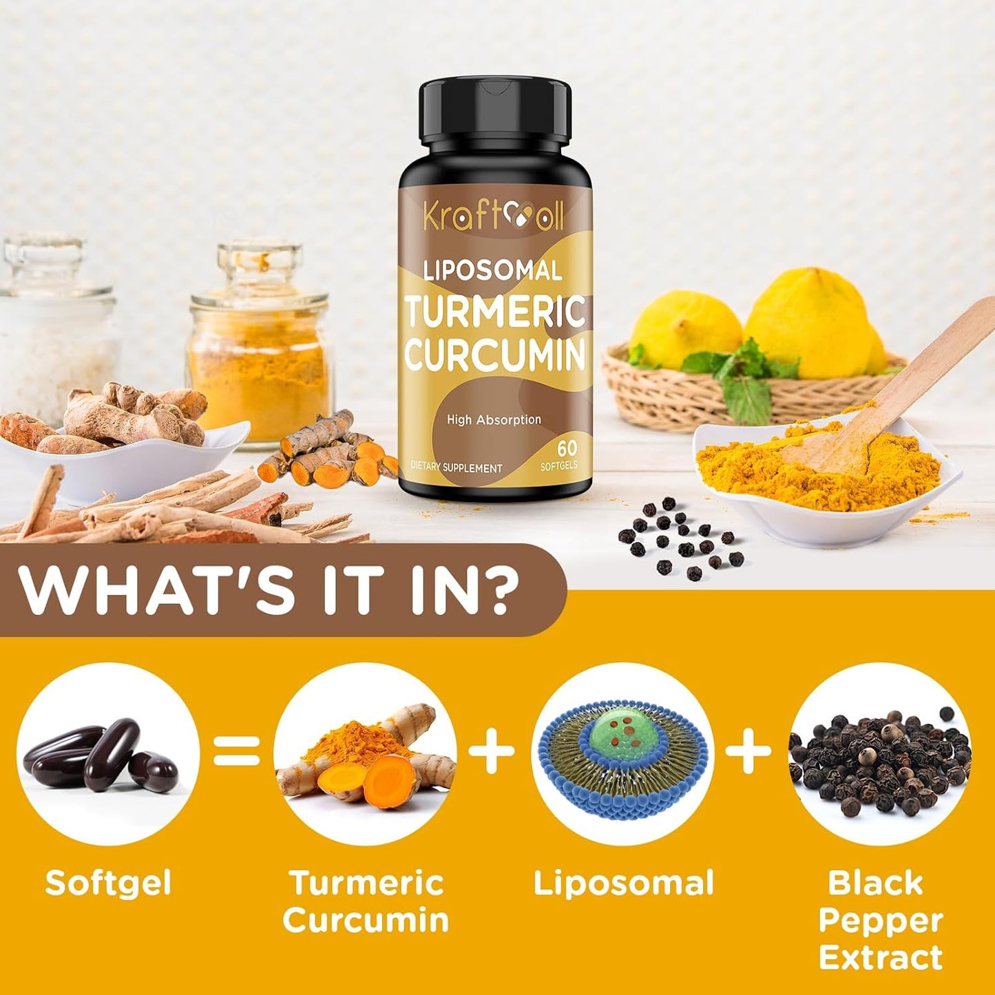 Liposomal Turmeric Curcumin Supplement 2200 mg with Black Pepper Extract 15 mg for High Absorption and Joint Function, 60 Softgels for Adults