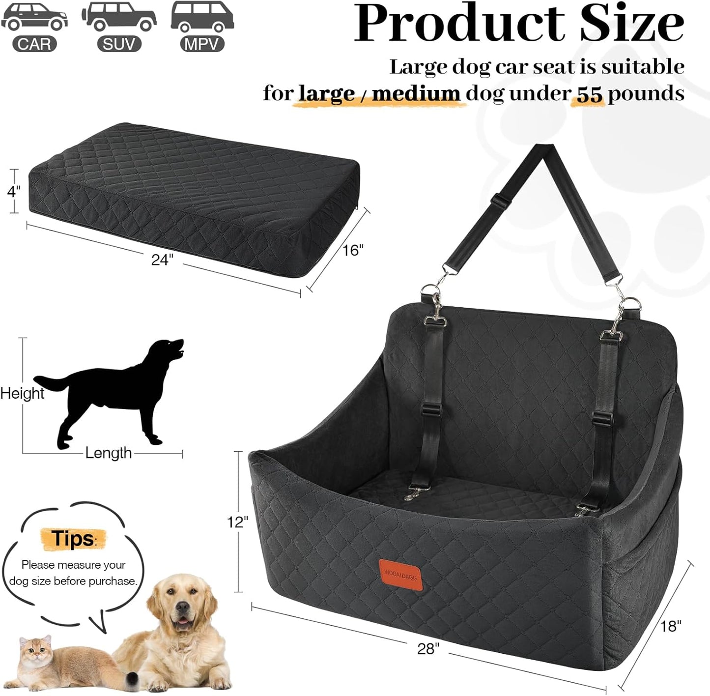 Dog Car Seat for Medium & Large Dogs Up to 55lbs, Memory Foam Cushion, Washable Cover, Safety Straps & Non-Slip Bottom(Black,Large)