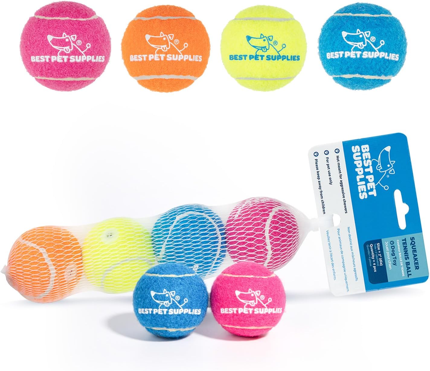 Best Pet Supplies Interactive Squeaky Dog Chew Toy, Ideal Dog Toys for Chewers, Small, Medium & Large Dogs, and Fetch Lovers - Tennis (Assorted Color), Small (Pack of 4)