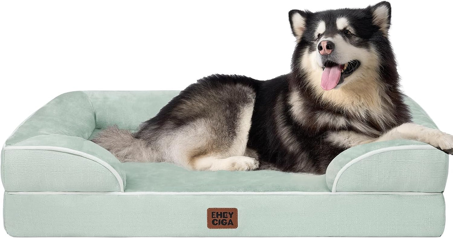 EHEYCIGA Orthopedic XL Dog Beds, Waterproof Memory Foam Dog Bed for Extra Large Dogs, Non-Slip Bottom and Egg-Crate Foam Big Pet Couch Bed with Washable Removable Cover, Sage Green