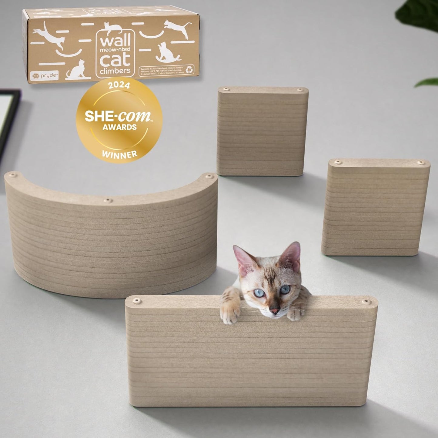 Wall Mounted Cat Shelves (Set of 4) by Pryde Pets - 100% Sustainable PET Felt Feline Enrichment Climber Furniture for Small & Large Indoor Cats, Modern Climbing Gym Jungle Design (Oatmeal)