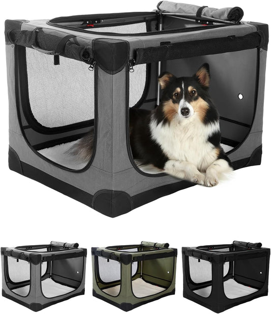 24 Inch Collapsible Travel Dog Crate for Medium Large Dogs, Portable Dog Crate 4-Door Foldable Soft Kennel with Durable Mesh Windows for Indoor & Outdoor Travel, with Storage Bag,Grey