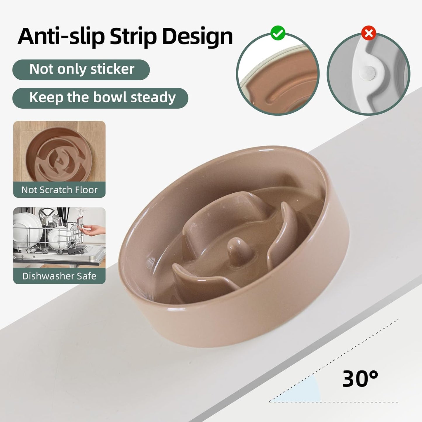 6.1inch Ceramic Raised Slow Feeder Set, Elevated Bowl with Wooden Stand for Small Dog and Cat, Puzzle Slow Dog Food Dish, Preventing Choking(Brown Coffee, Single Bowl+ Stand)