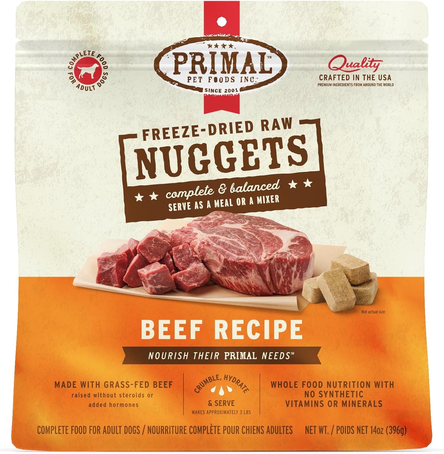 Primal Freeze Dried Raw Dog Food Nuggets, Beef, Complete & Balanced Meal, Also Use as Topper or Treat, Premium, Healthy, Grain Free, High Protein Raw Dog Food, 14 oz