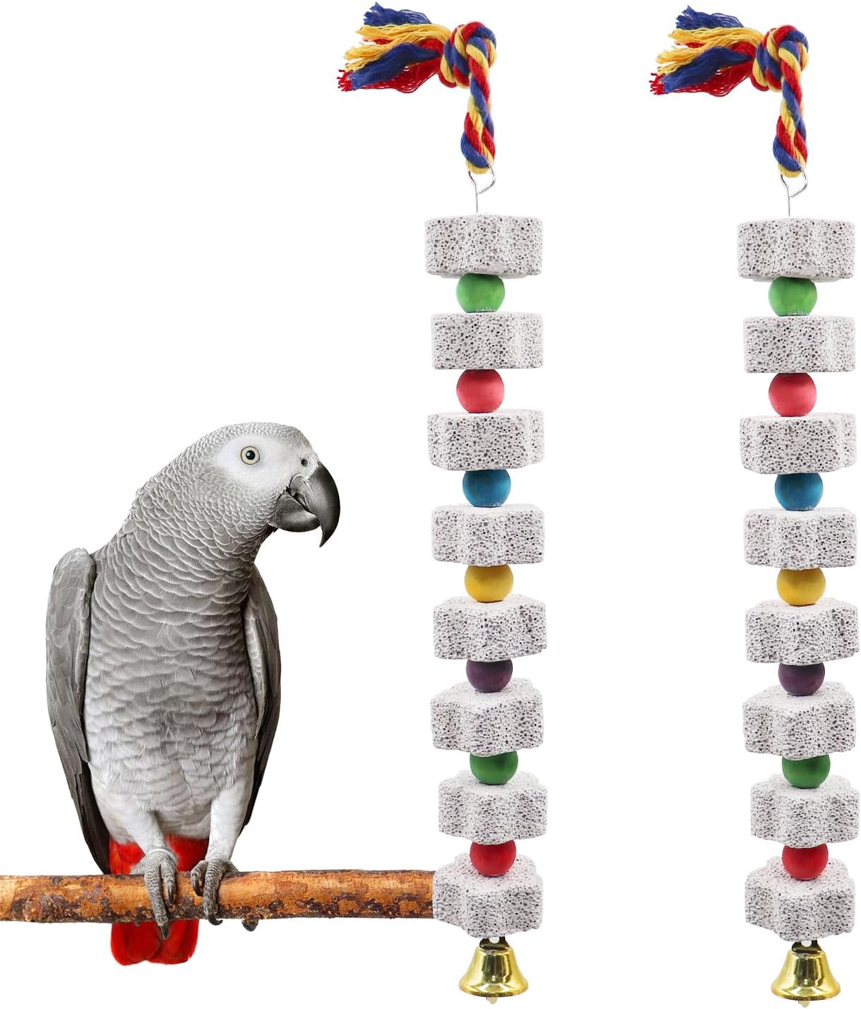 2 Pack Mineral Block Chew Toys with Colorful Beads and a Bell, Bird Beak Grinding Stone, Cage Accessories for African Grey, Budgies, Cockatiels, Small to Medium Birds