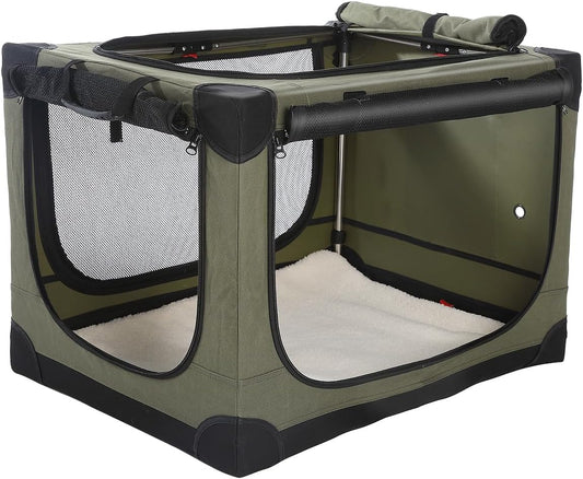 42-Inch Collapsible Travel Dog Crate, Portable 4-Door Soft Kennel for Medium to Large Dogs, Durable Mesh Windows, Indoor/Outdoor Use, Foldable, with Storage Bag (Green)