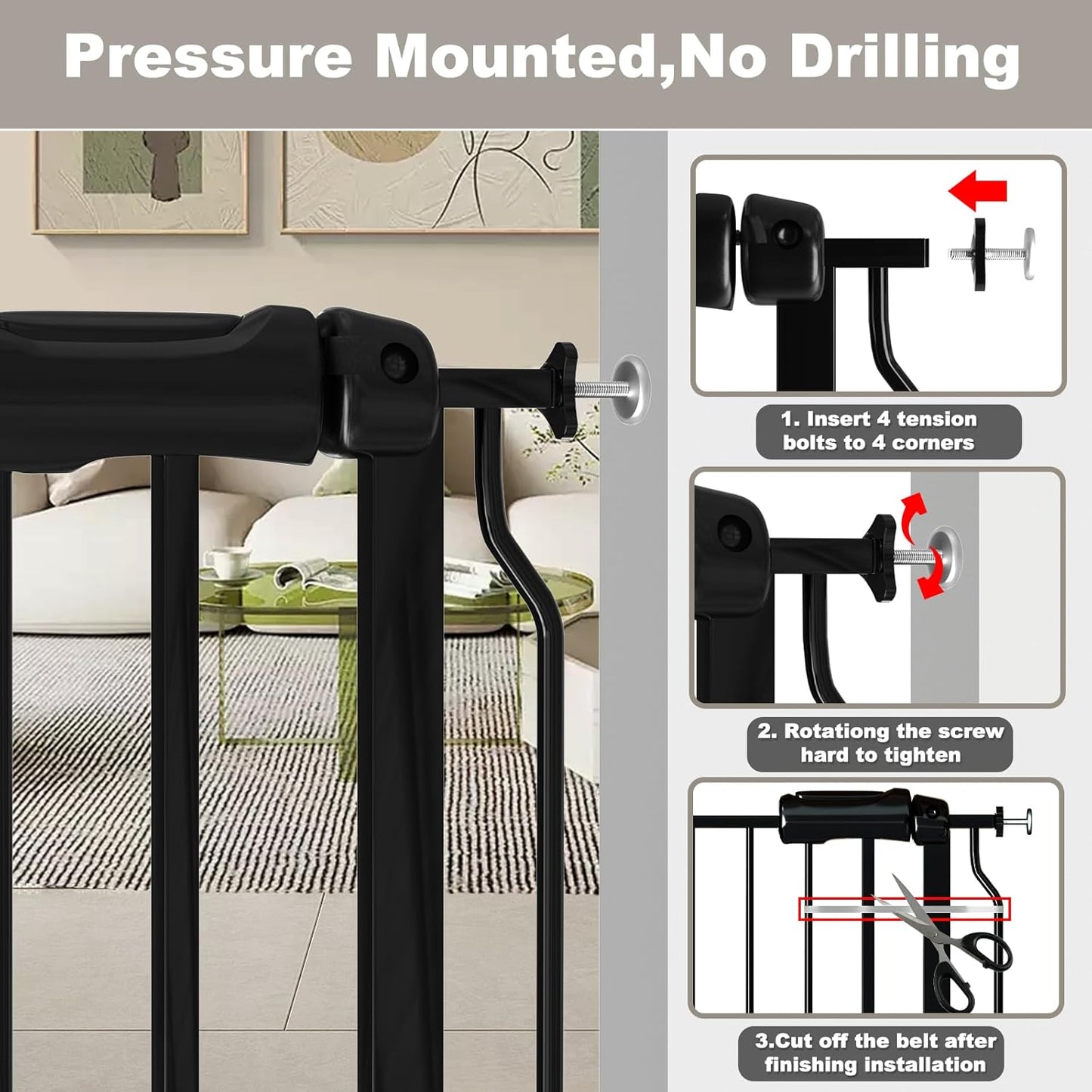 Fairy Baby Walk Through Black Baby Gate 29-34 Inch Wide, Pressure Mounted Safety Gate with Door No Drill, Tension Metal Gate for Dog and Toddler