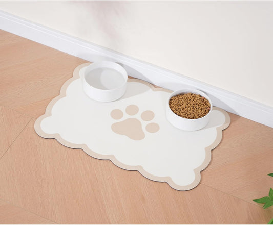 Ralxion Scalloped Dog Feeding Mat, Absorbent Mats for Dog Food and Water Bowl, Dispenser, Cute Elegant Aesthetic Khaki Beige Scallop Pet Placemat for Dogs, Cats, Puppy Accessories, 14" X 19”